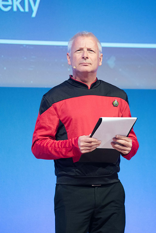Andy Harmer dressed in star trek uniform clia conference 2019