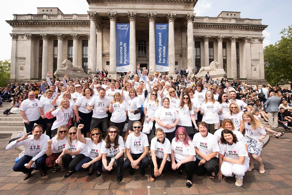 Cruise industry wearing matching t-shirts outside Portsmouth Guildhall for clia 2019 conference