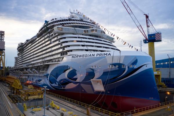 Norwegian Prima – the newest ship in the Norwegian Cruise Line fleet – has touched water for the first time.